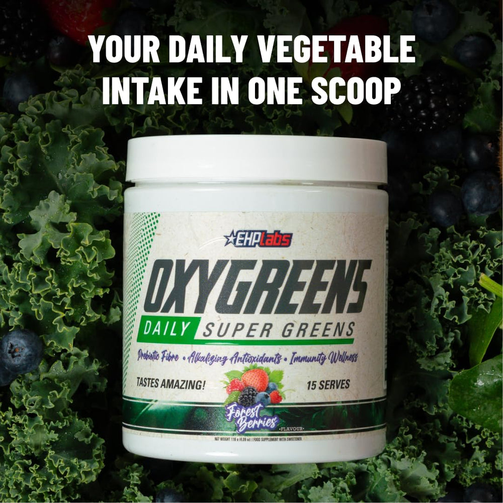 EHP Labs OxyGreens in smoothie, boosts daily greens intake.