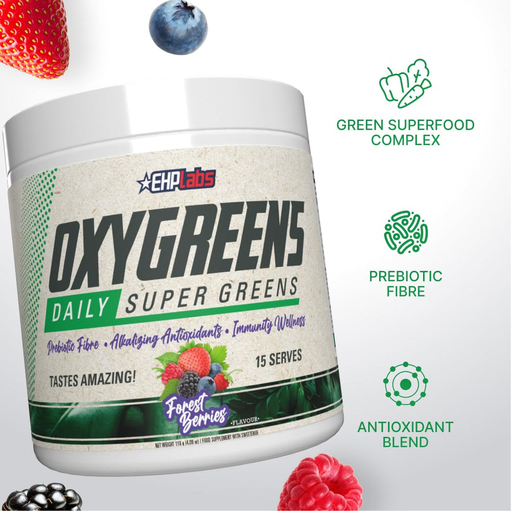 EHP Labs OxyGreens label close-up, clean ingredients and antioxidant greens.