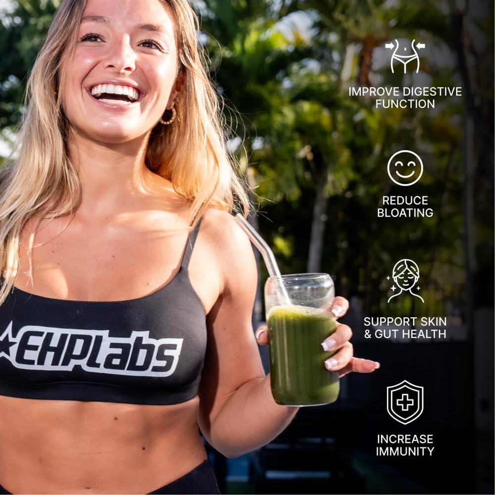 EHP Labs OxyGreens mixing in glass of water, refreshing flavor.