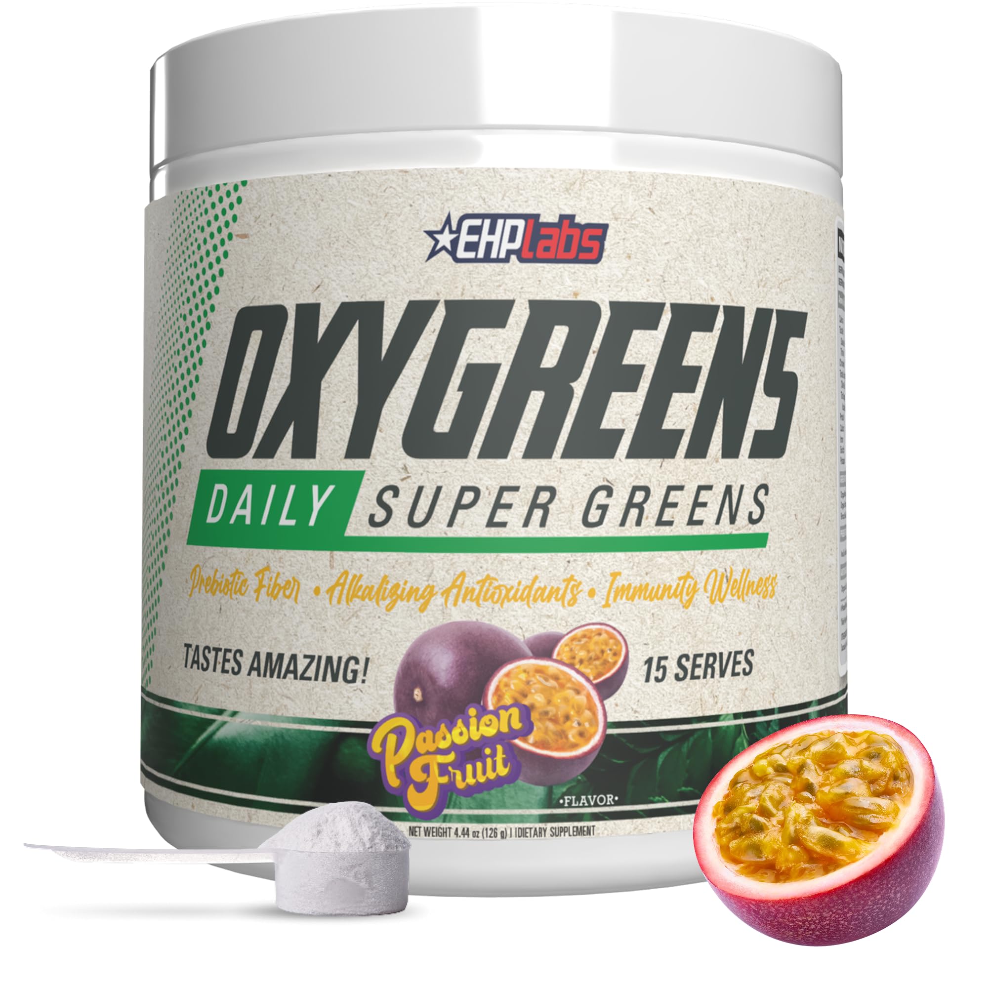 EHP Labs OxyGreens passionfruit tub front with vibrant greens for daily antioxidant support.