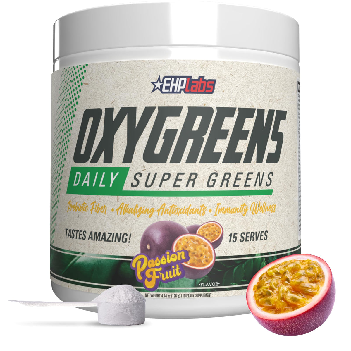 EHP Labs OxyGreens passionfruit tub front with vibrant greens for daily antioxidant support.