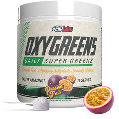 EHP Labs OxyGreens passionfruit tub front with vibrant greens for daily antioxidant support.