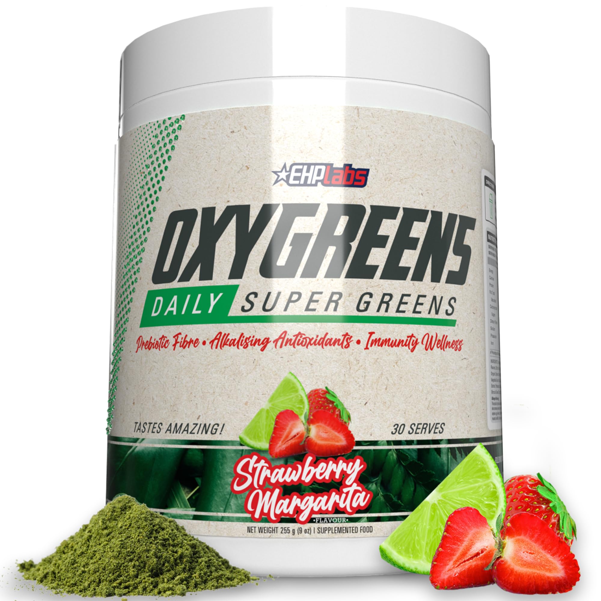 EHP Labs OxyGreens powder tub front shows greens blend for daily veggie intake.