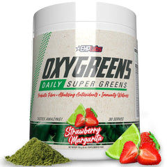 EHP Labs OxyGreens powder tub front shows greens blend for daily veggie intake.