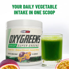 OxyGreens spirulina and chlorella blend highlighting greens and antioxidant-rich nutrients.