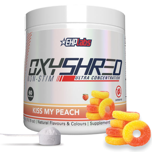 EHP Labs OxyShred bottle and pour for caffeine-free energy during late workouts.