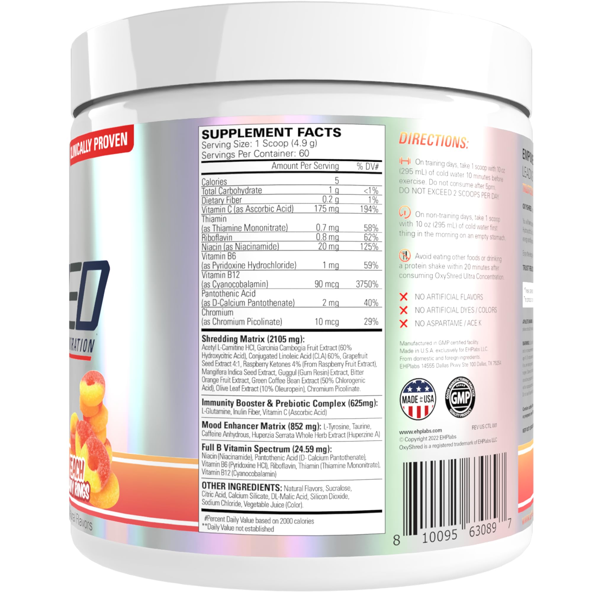 Scoop beside the EHP Labs OxyShred Peach Candy Rings tub