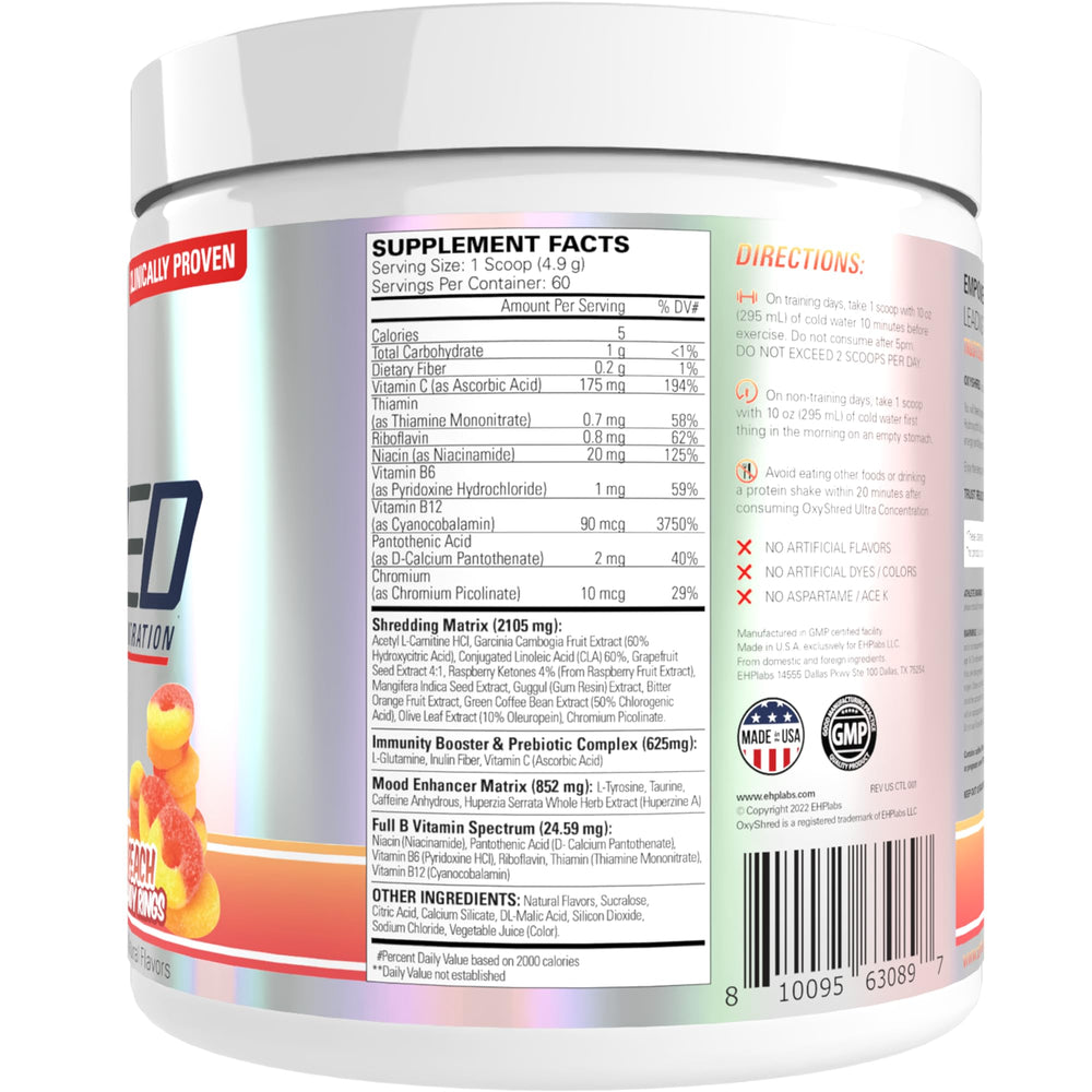 Scoop beside the EHP Labs OxyShred Peach Candy Rings tub