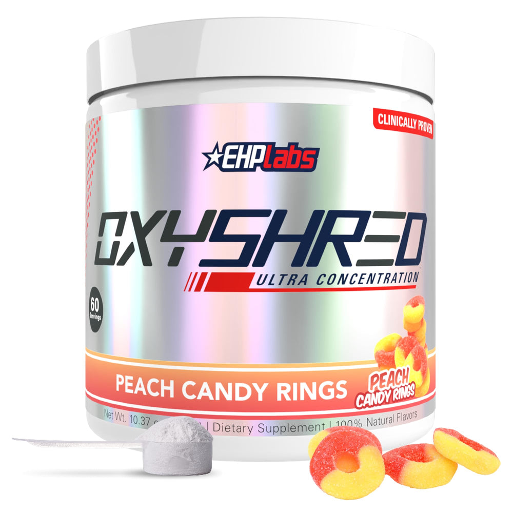EHP Labs OxyShred Peach Candy Rings tub front showing energizing pre-workout design