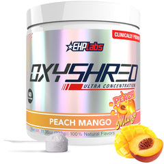 EHP Labs OxyShred Peach Mango tub ready for pre-workout energy
