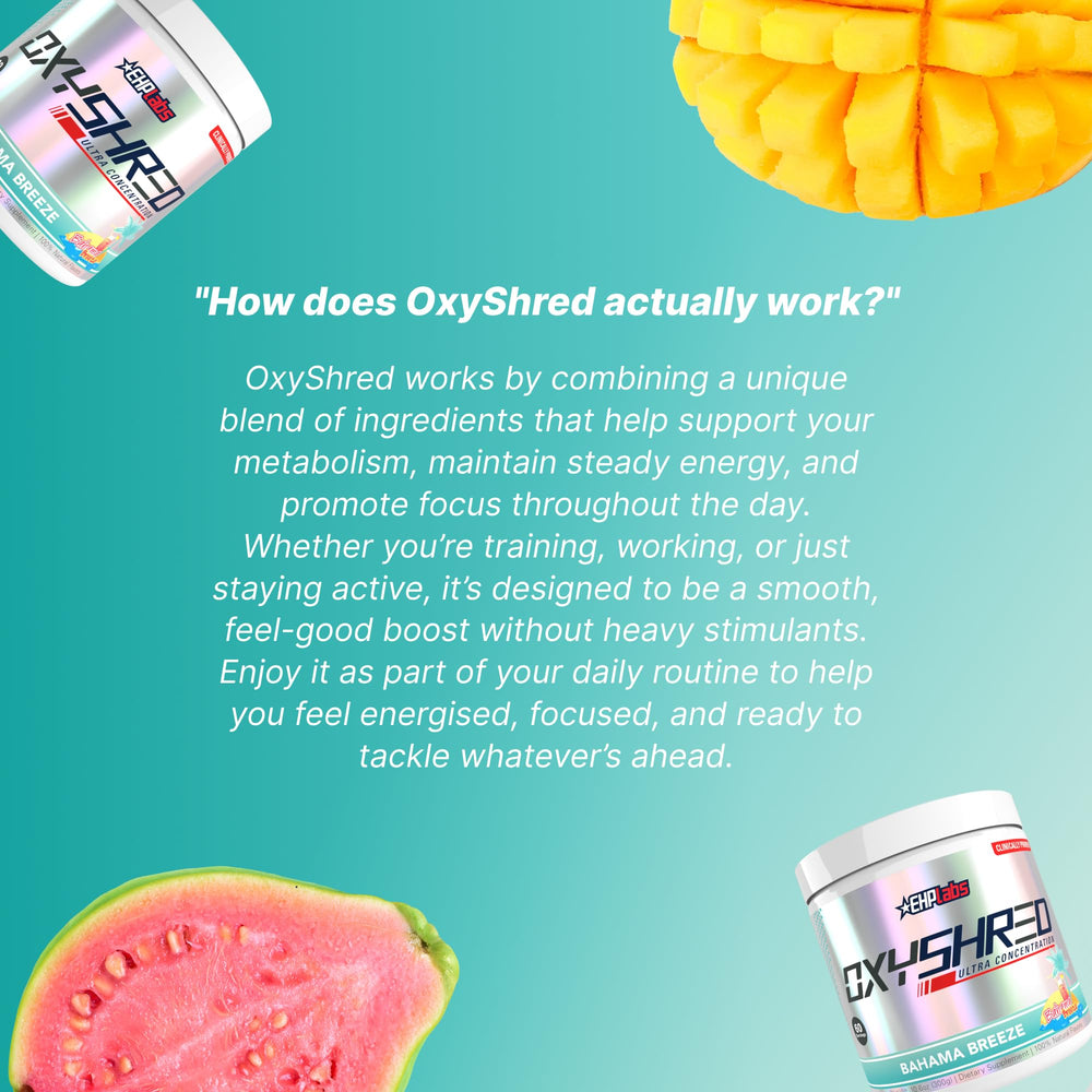 Acetyl L-carnitine emphasis in OxyShred formula supporting focus and energy.