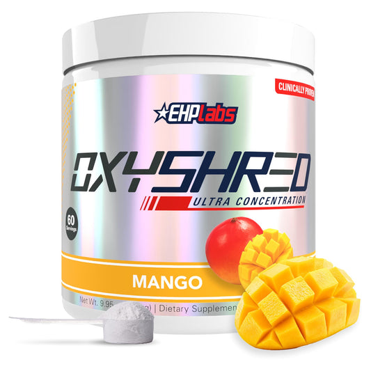 EHP Labs OxyShred preworkout tub with mango flavor to energize training sessions.