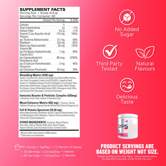 Close-up of OxyShred Cosmic Blast label highlighting ingredients and nutrition facts