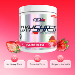 Shaker with prepared OxyShred Cosmic Blast showing a quick workout boost