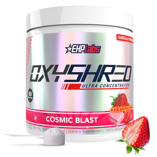 EHP Labs OxyShred Cosmic Blast tub shown for a pre-workout energy boost