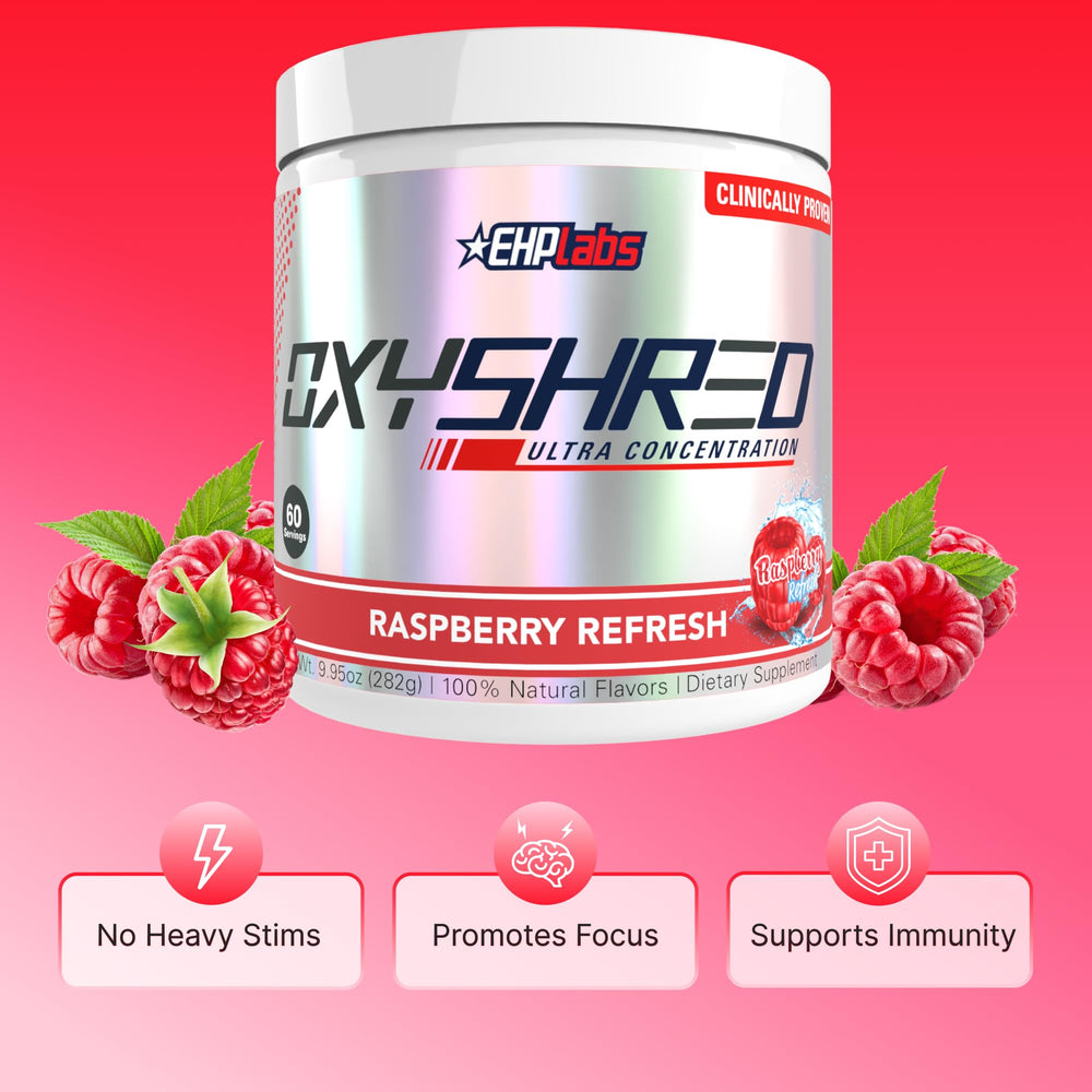 EHP Labs OxyShred Raspberry Refresh conveys fruity aroma and taste.