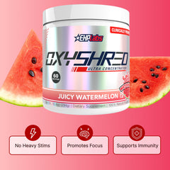 EHP Labs OxyShred glass with ice ready for a refreshing pre-workout sip.