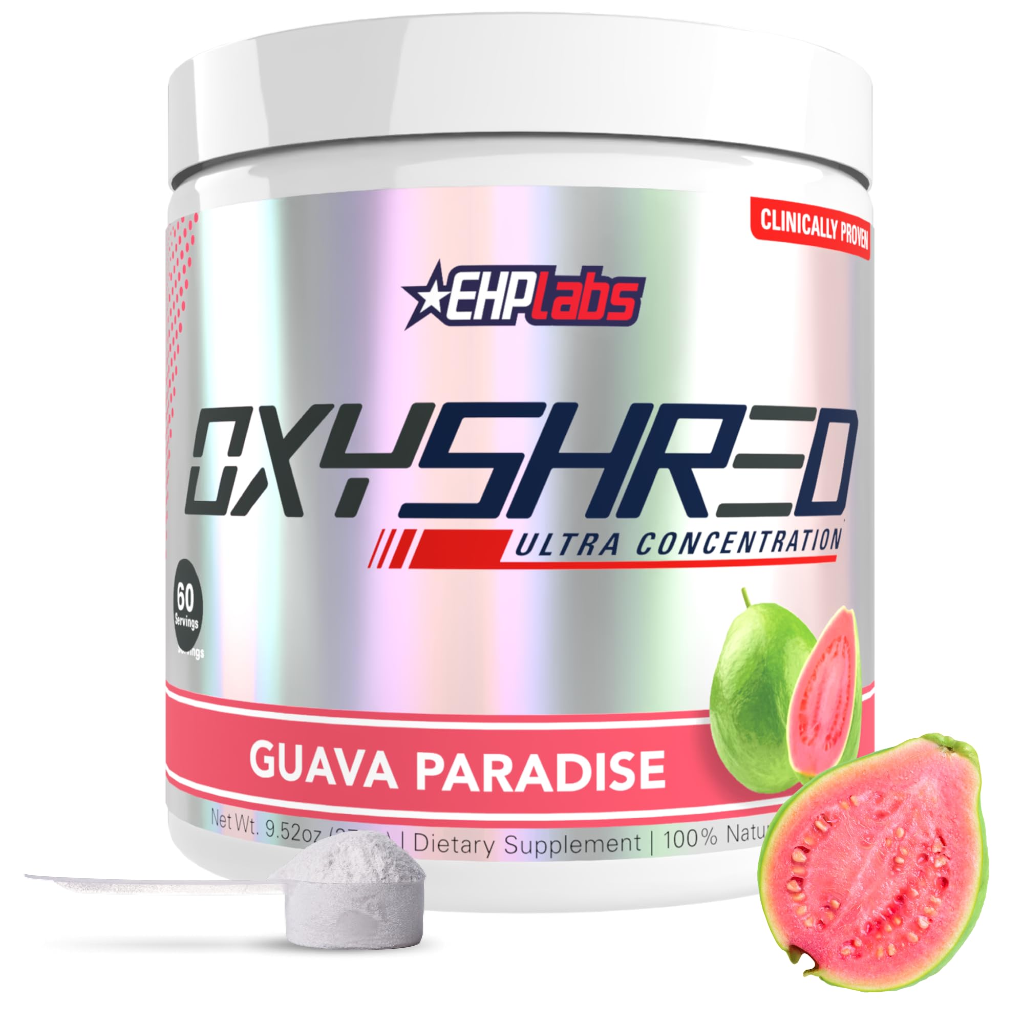 EHP Labs OxyShred Guava Paradise tub with scoop, ideal for a tropical energy pre-workout boost.