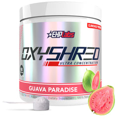EHP Labs OxyShred Guava Paradise tub with scoop, ideal for a tropical energy pre-workout boost.