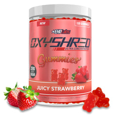 EHP Labs OxyShred Gummies bottle front, strawberry flavor and clean energy