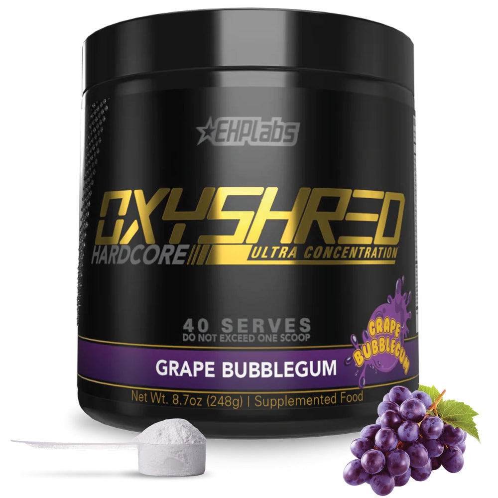 EHP Labs OxyShred Hardcore tub front promotes an energizing pre-workout routine