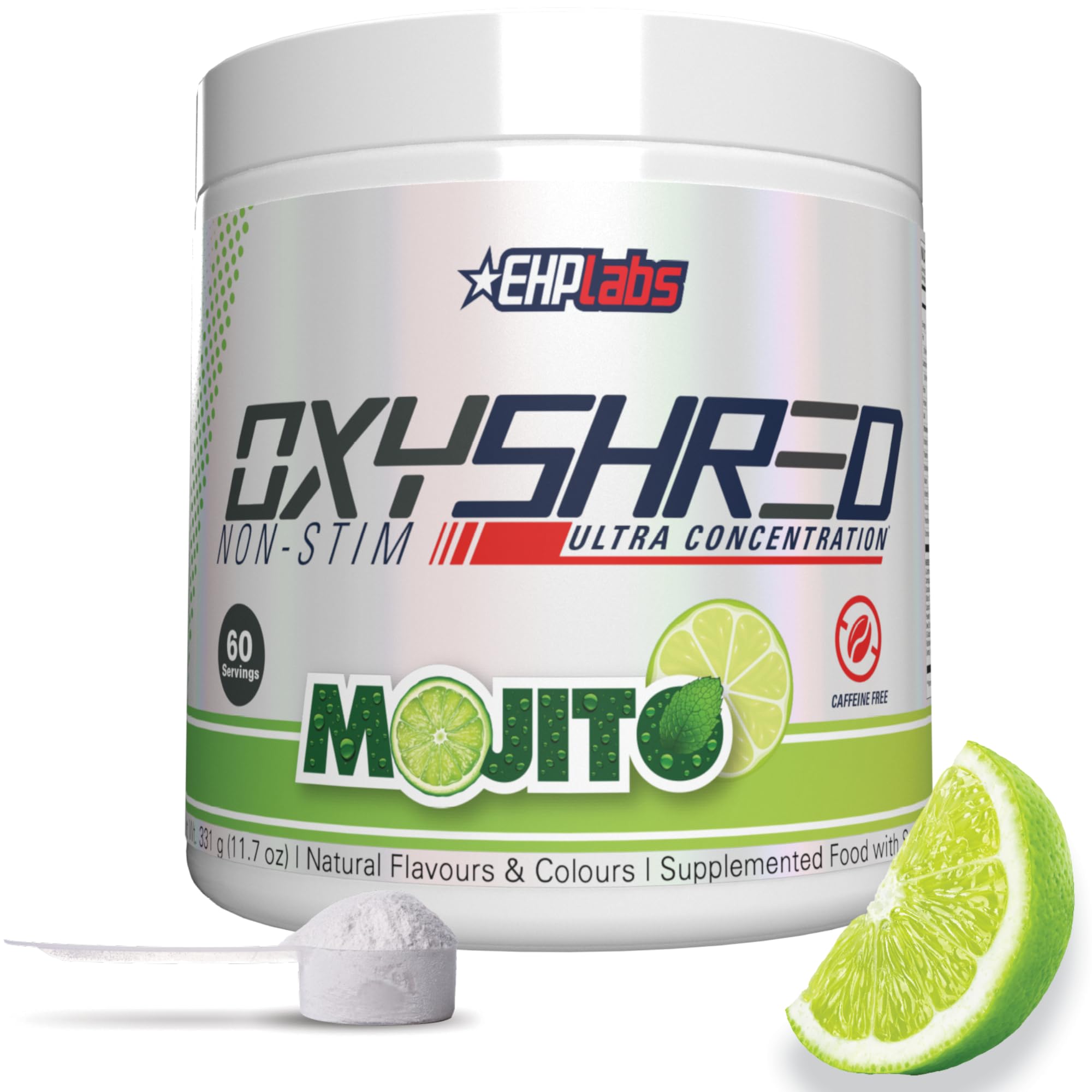 EHP Labs OxyShred Mojito tub closeup, caffeine-free energy support.