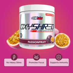OxyShred Passionfruit energy drink shown for sustained focus during workouts