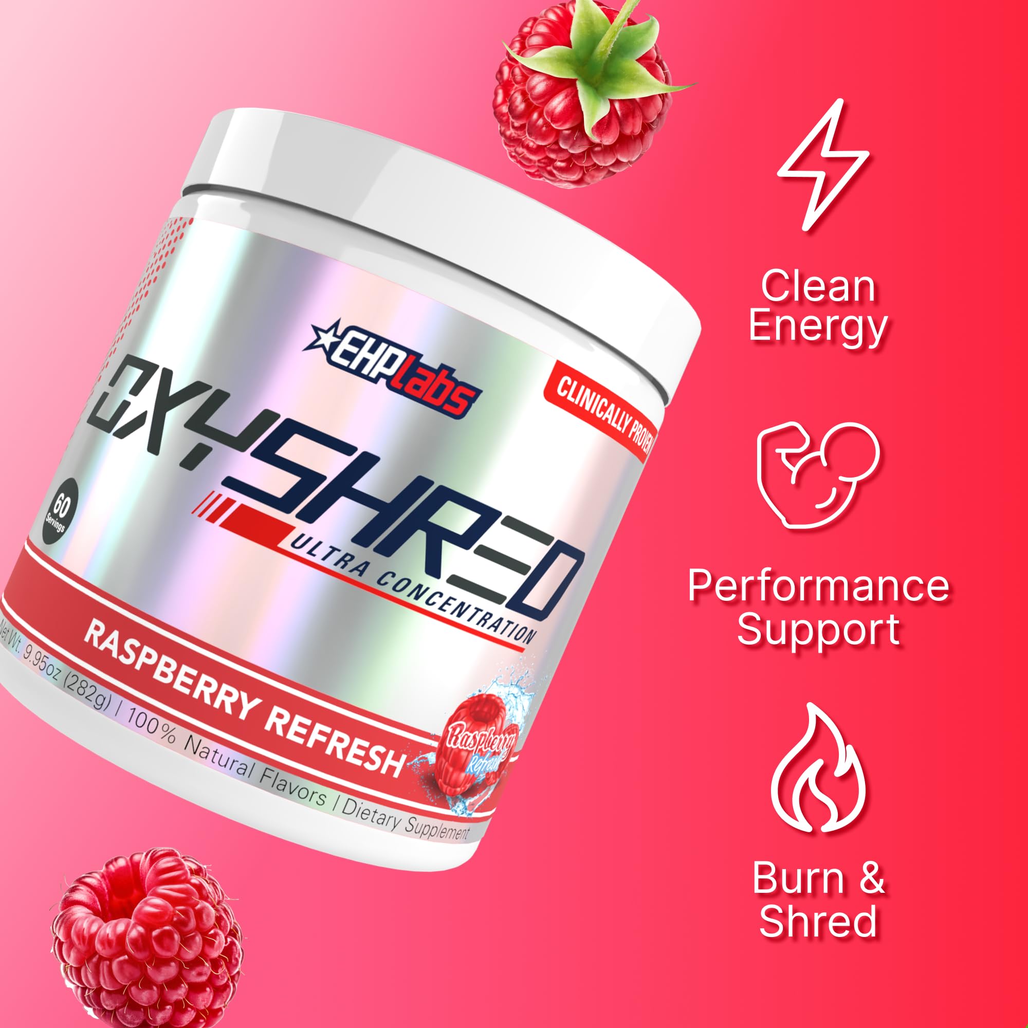 EHP Labs OxyShred prepared drink in glass showcasing refreshing Raspberry flavor.