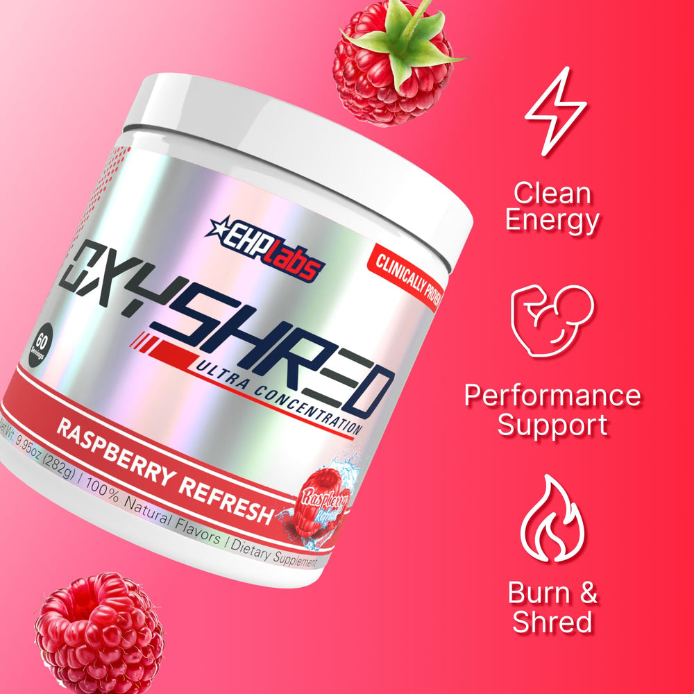 EHP Labs OxyShred prepared drink in glass showcasing refreshing Raspberry flavor.