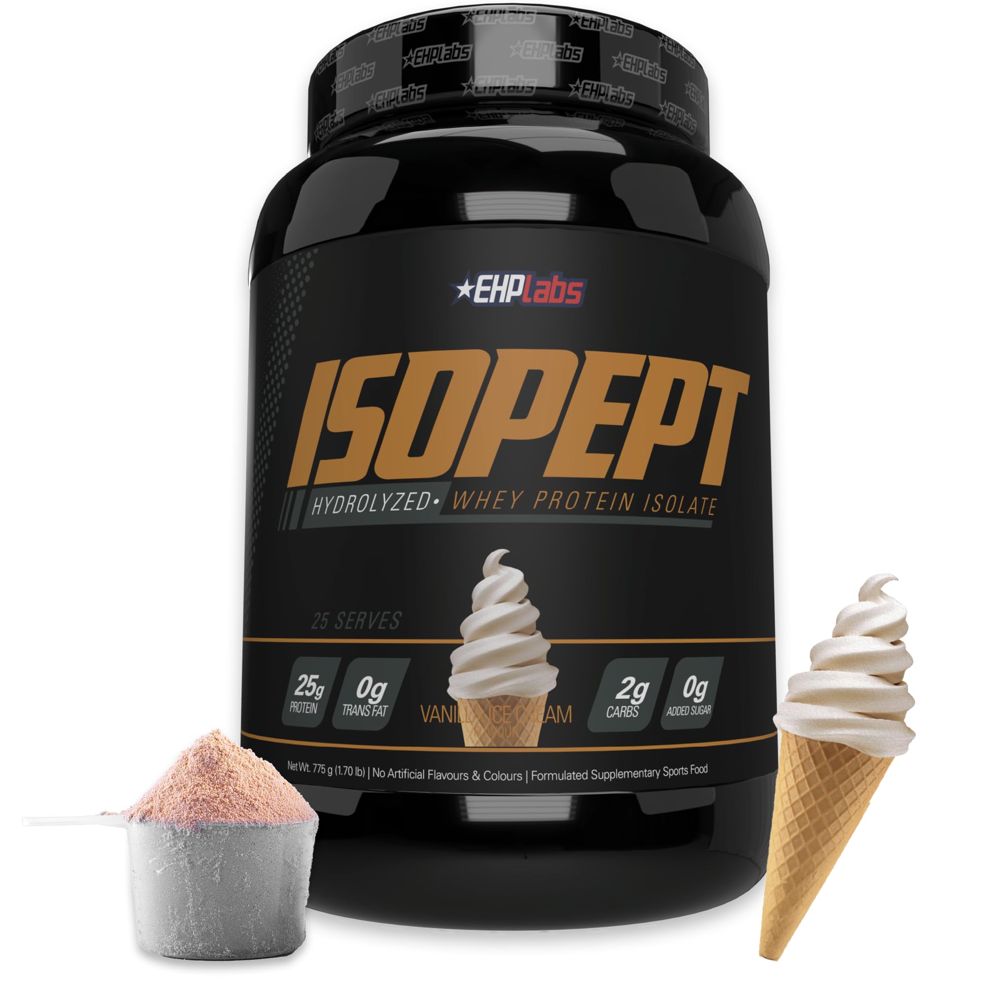 EHPlabs IsoPept hydrolyzed whey bottle with vanilla ice-cream flavor for post-workout fueling.