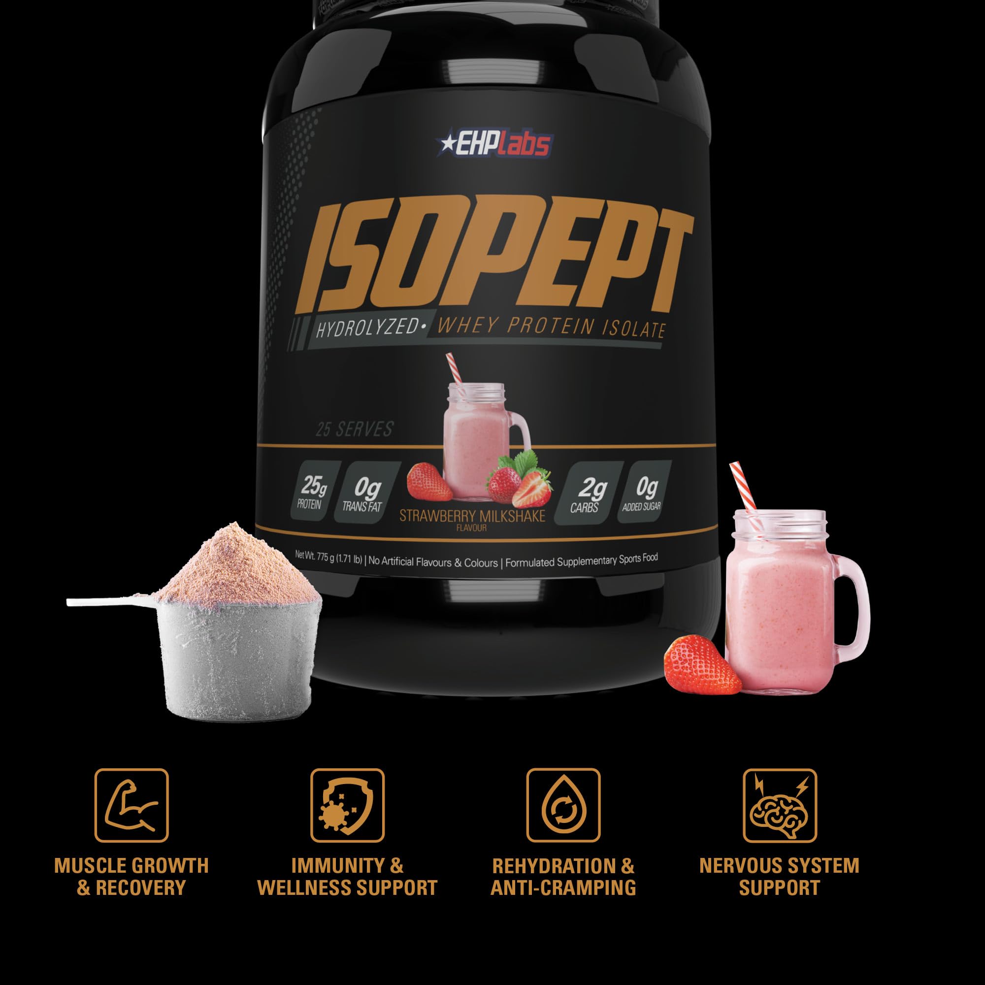Pouring IsoPept shake reveals creamy Strawberry Milkshake flavor.