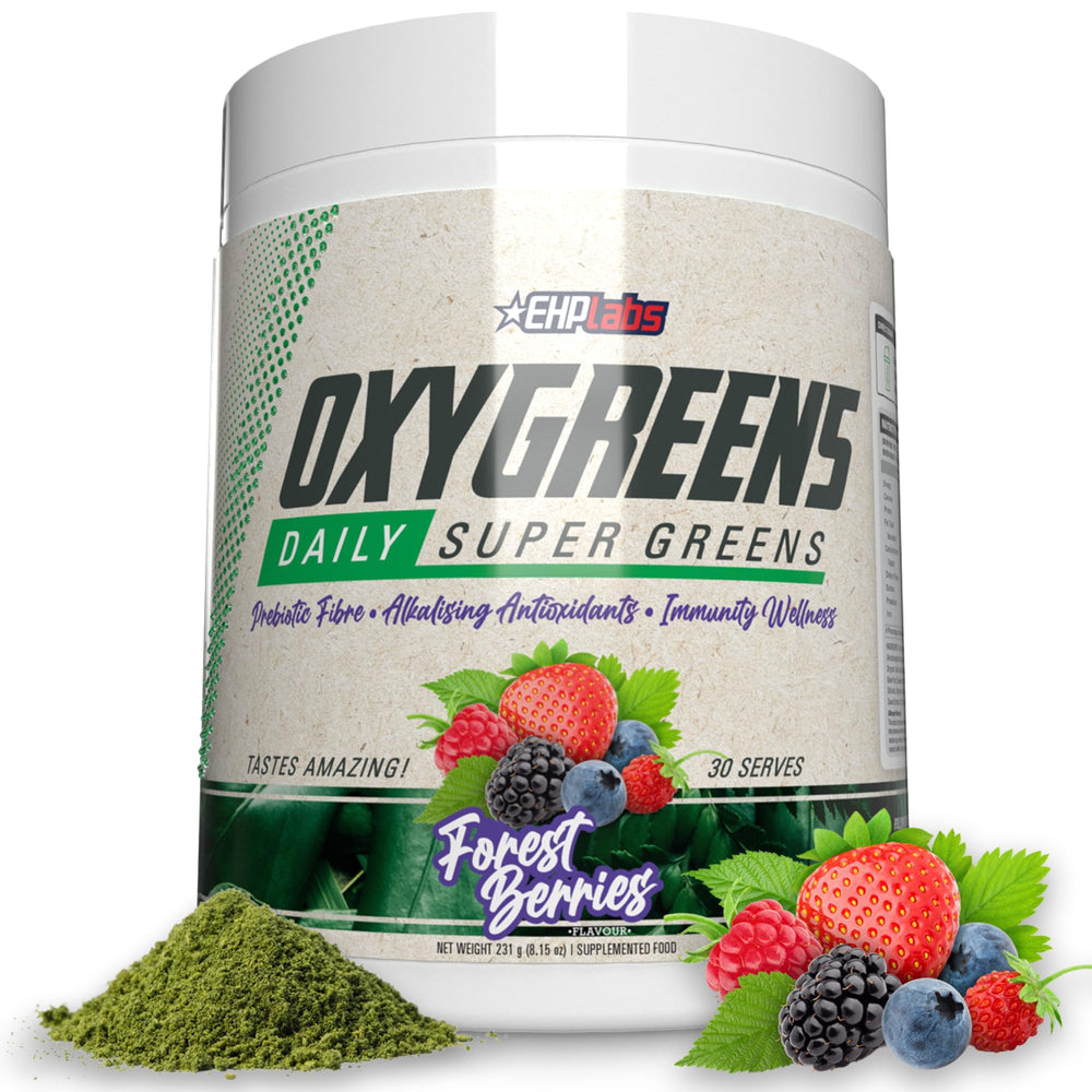 EHP Labs OxyGreens bottle front with Forest Berries flavor for daily greens.