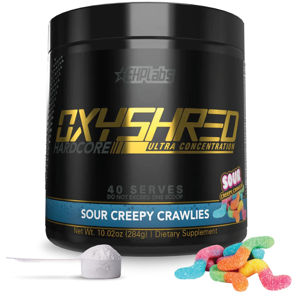 EHP Labs OxyShred Hardcore bottle front view showing bold energy potential for workouts
