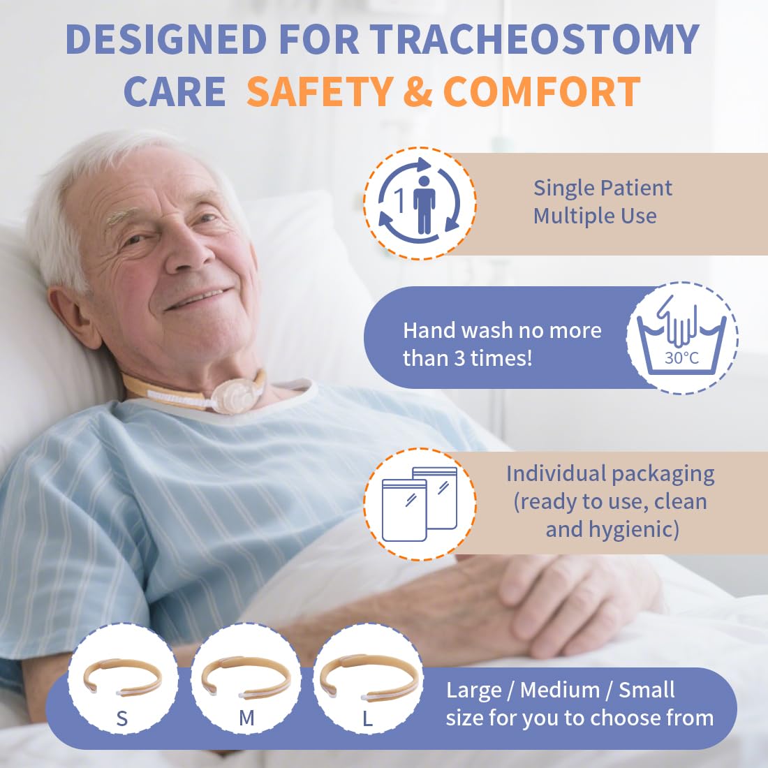EHUSPU Tracheostomy Holder adjustment detail indicates easy size changes.