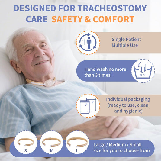 EHUSPU Tracheostomy Holder adjustment detail indicates easy size changes.