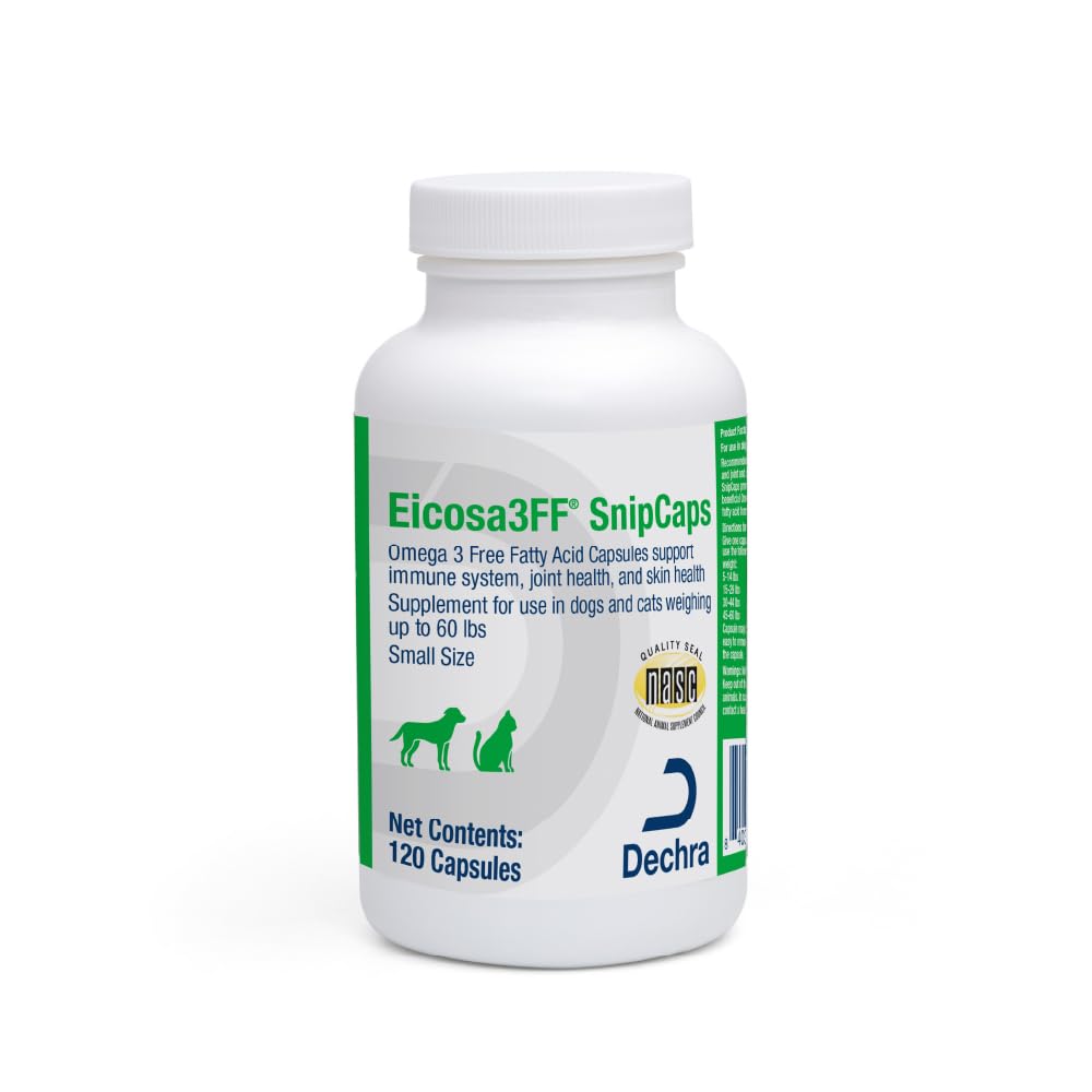 Eicosa3FF SnipCaps omega-3 capsules for dogs and cats, easy daily supplementation for healthy skin.