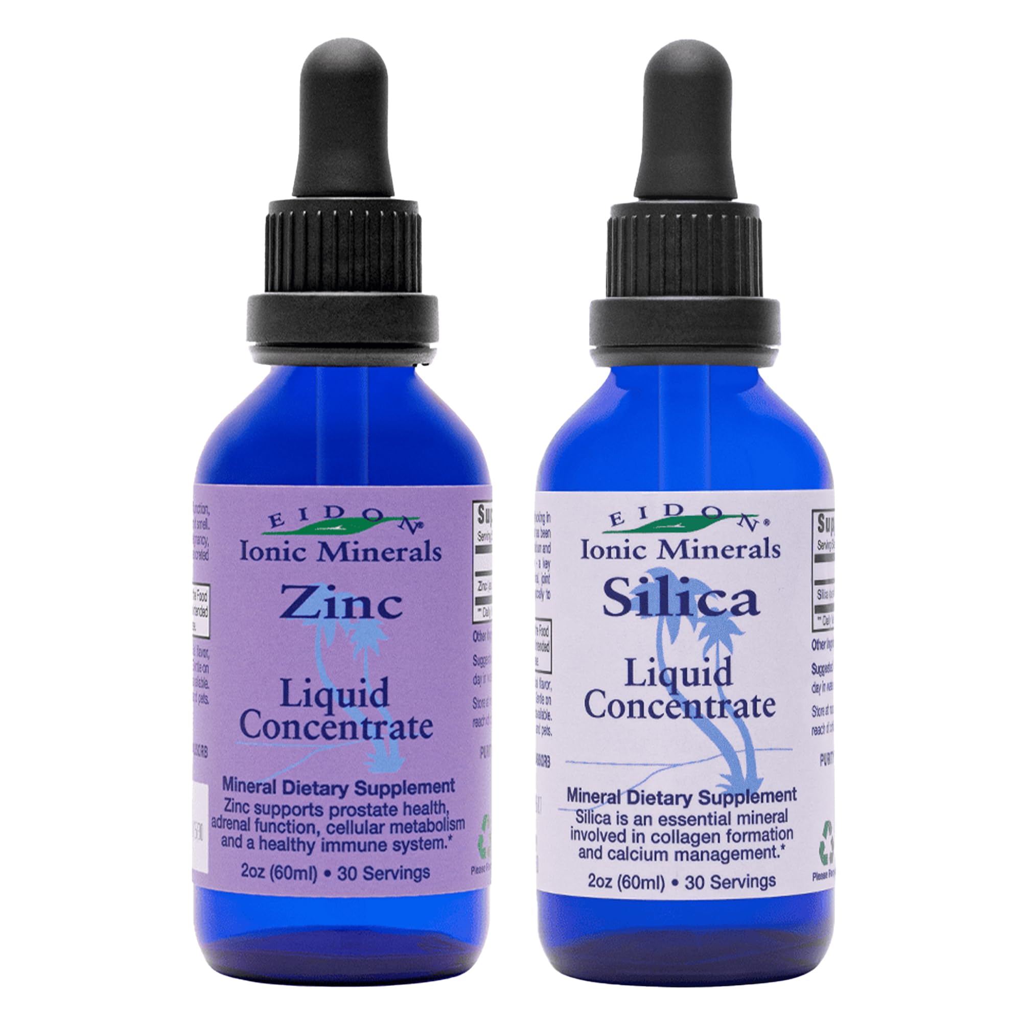 Eidon Ionic Minerals liquid silica and zinc drops bottle for easy daily use and immune-support routine.