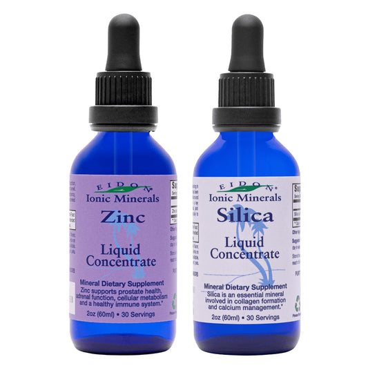 Eidon Ionic Minerals liquid silica and zinc drops bottle for easy daily use and immune-support routine.