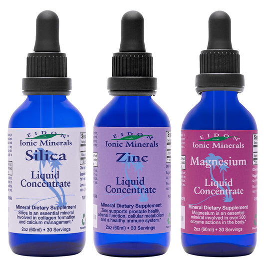 Eidon Liquid Silica Drops bottle showing clear mineral blend for skin and connective support.