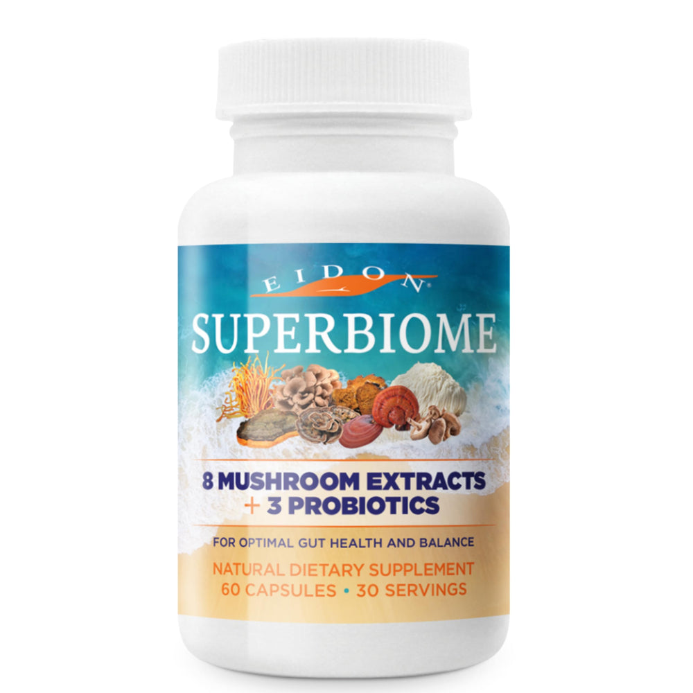 Eidon SuperBiome bottle front showing the supplement for daily gut balance support.