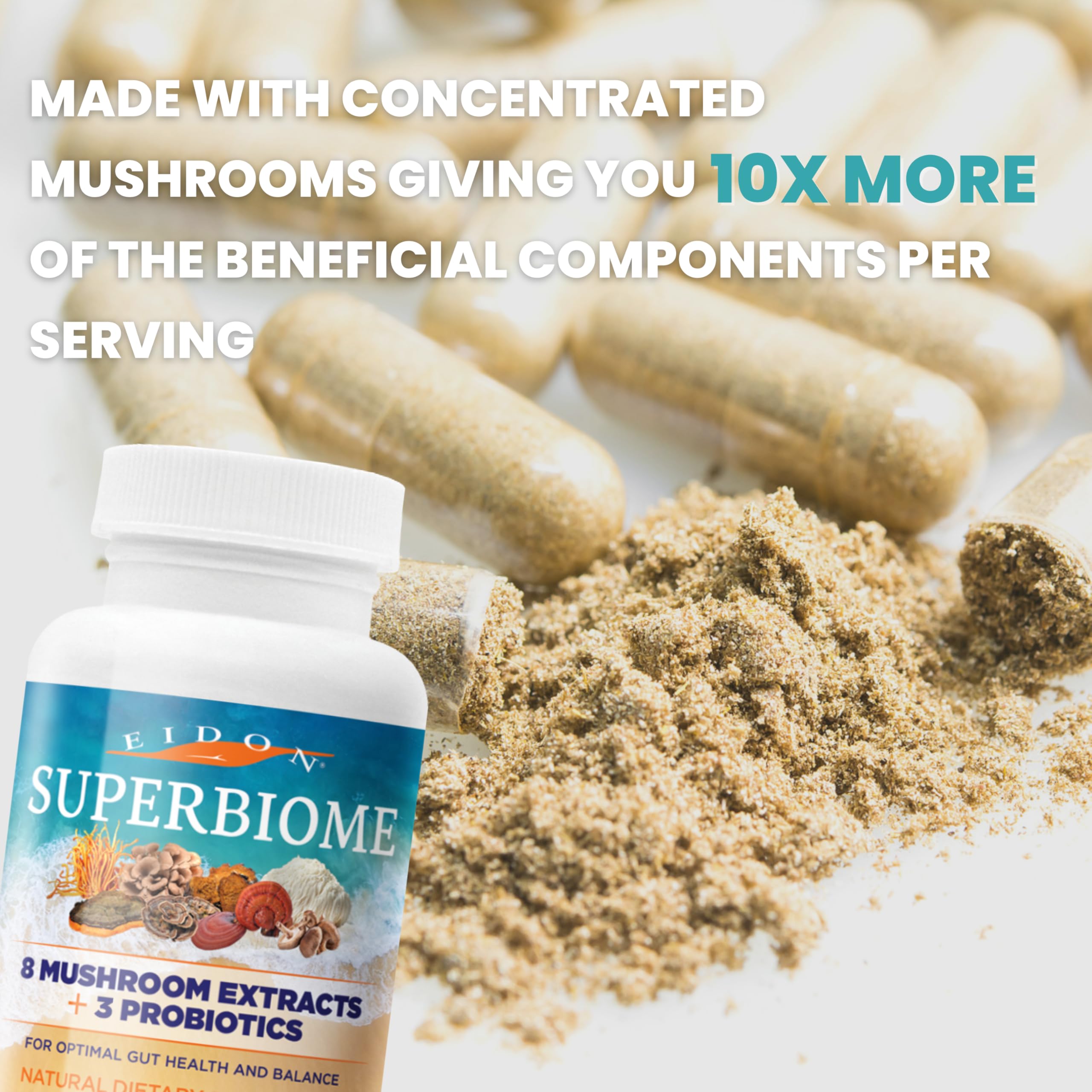 Eidon SuperBiome capsules closeup highlighting the easy two-capsule daily dose.