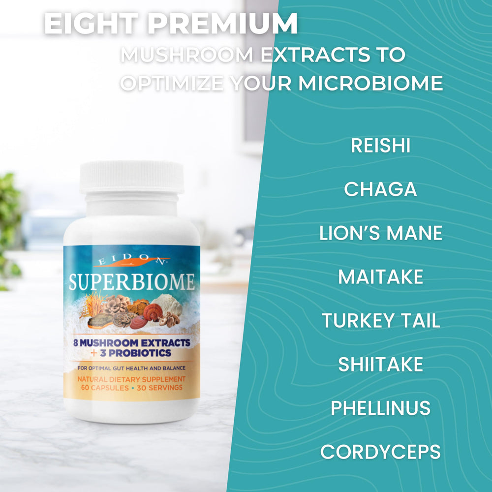 Eidon SuperBiome mushroom extracts variety for diverse nutritional support.