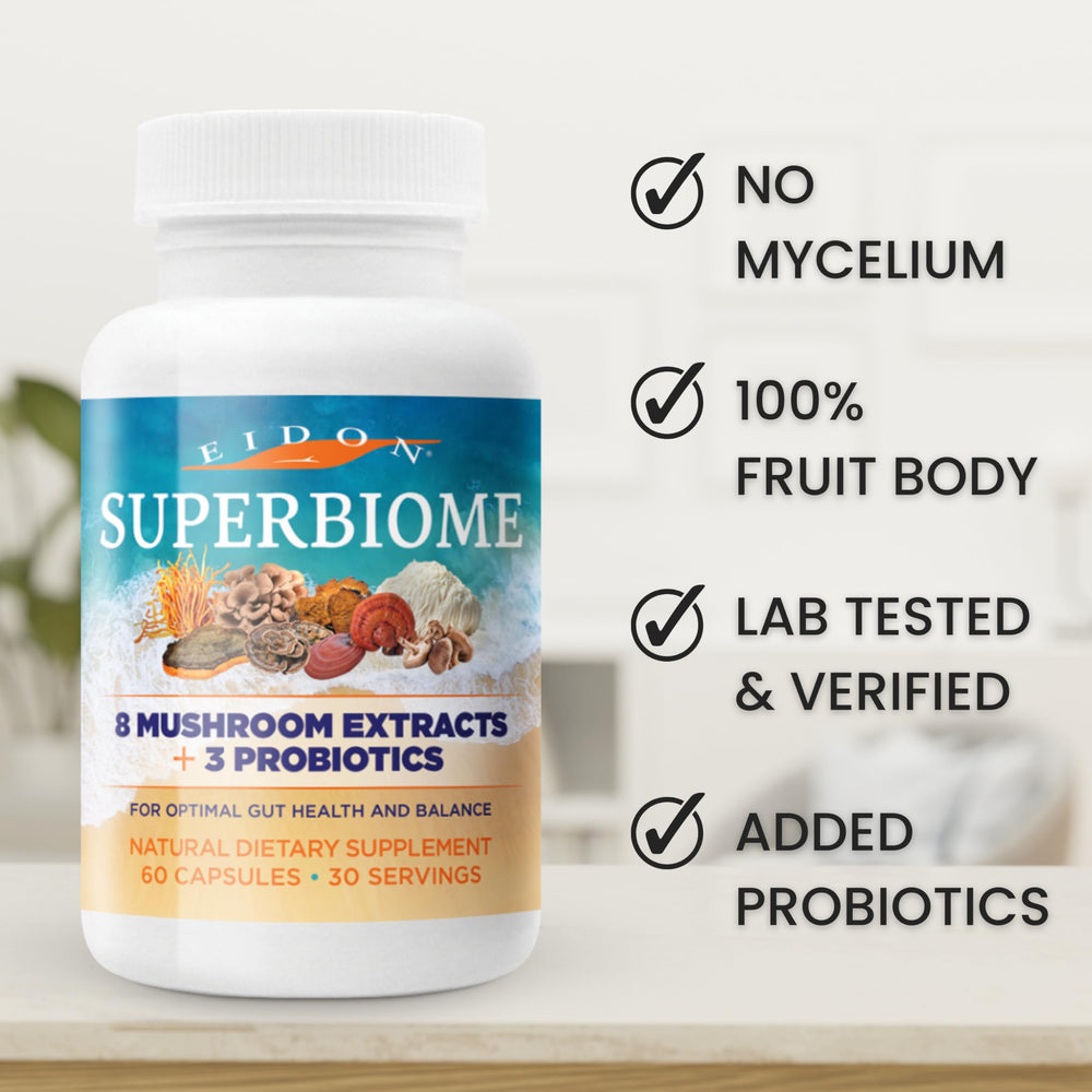 Eidon SuperBiome probiotic strains label indicating robust survival in digestion.