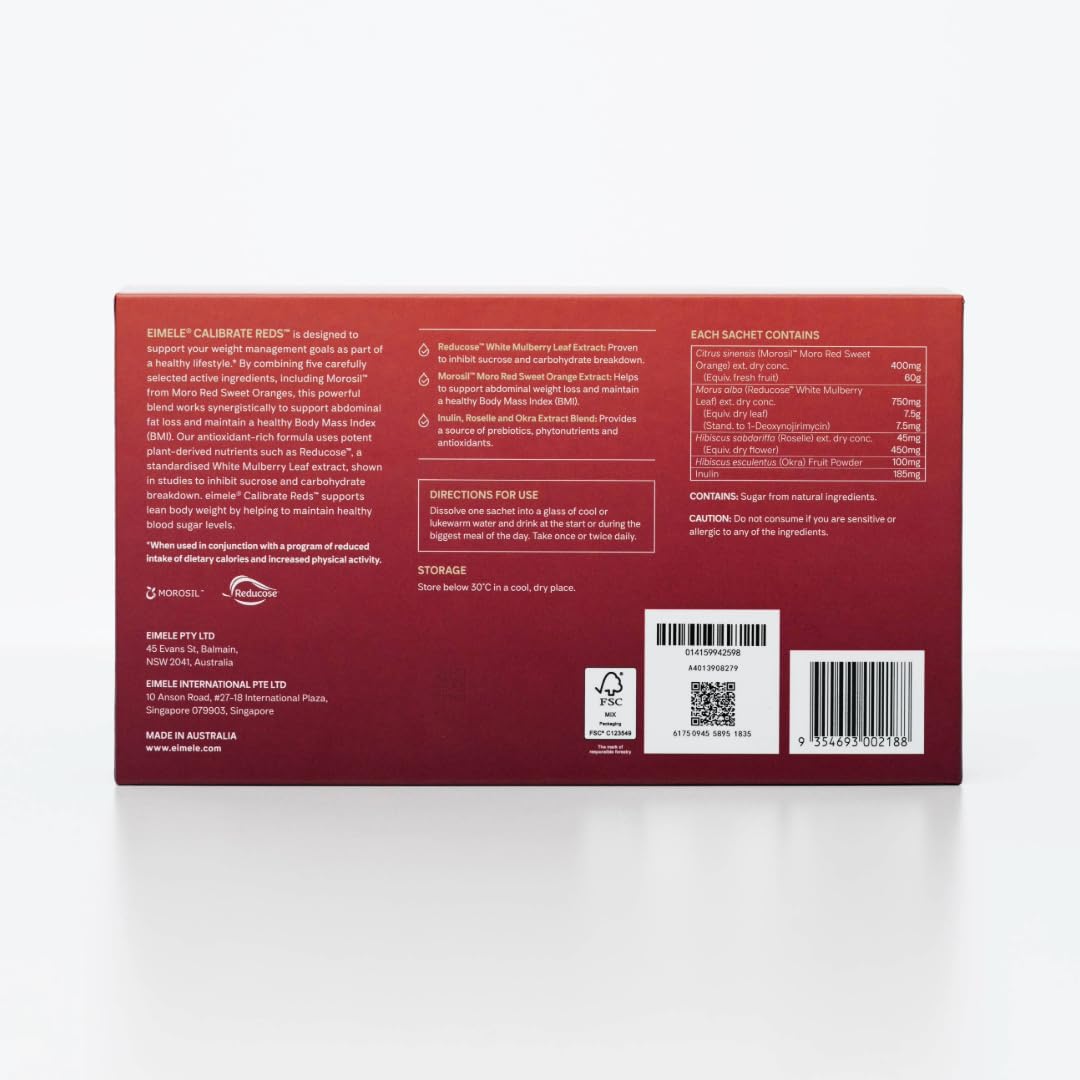 eimele Calibrate Reds sachets arranged for easy daily dosing with meals