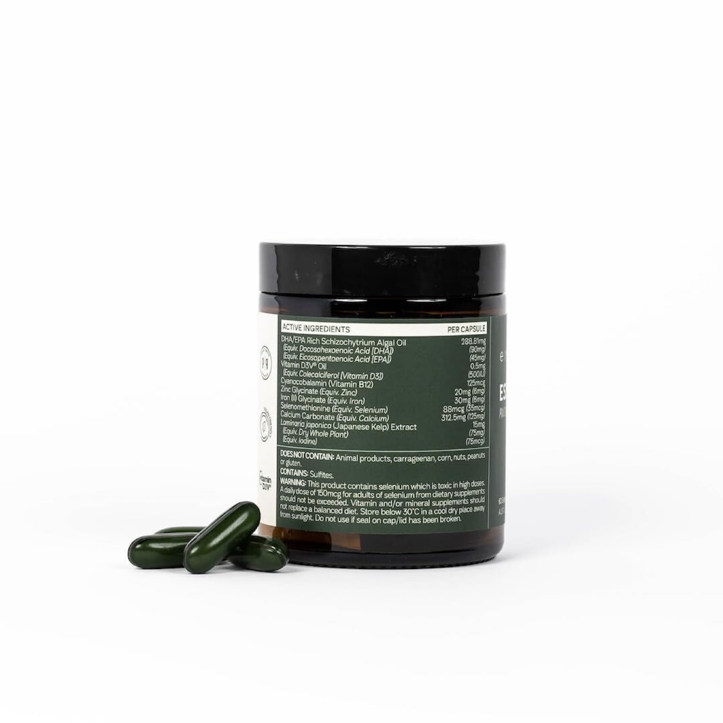 Eimele Essential 8 bottle label highlighting core nutrients for bone health and thyroid support.