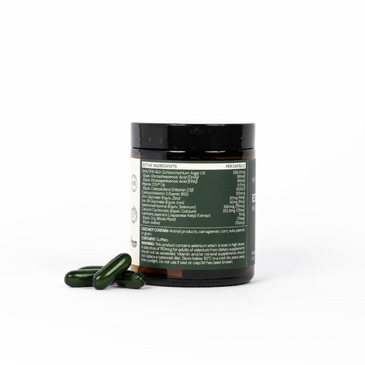 Eimele Essential 8 bottle label highlighting core nutrients for bone health and thyroid support.