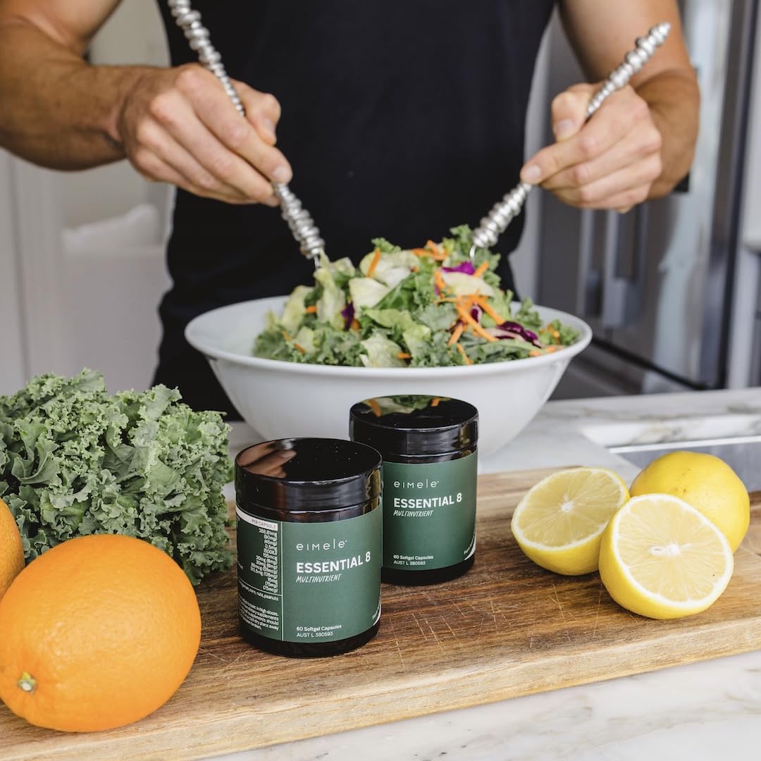 Eimele Essential 8 softgels dispensed suggesting a simple daily routine for energy.