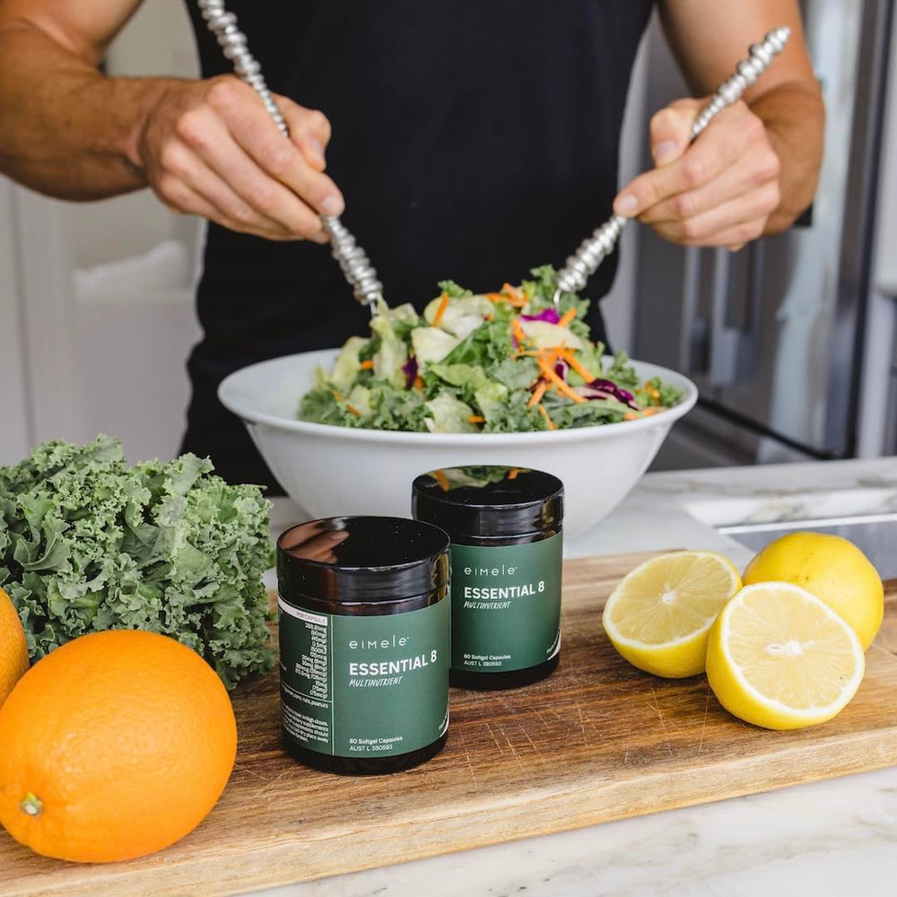Eimele Essential 8 softgels dispensed suggesting a simple daily routine for energy.
