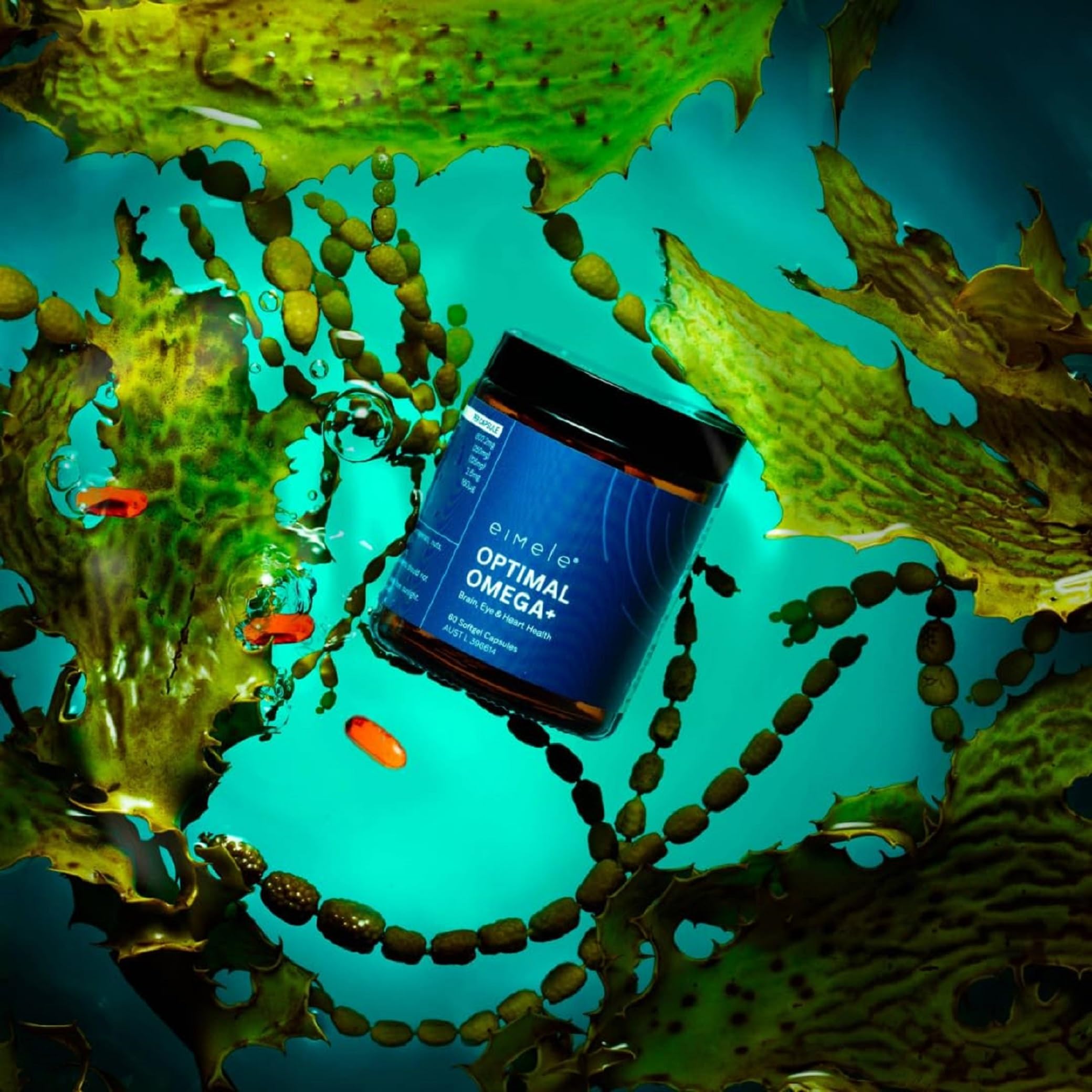 eimele Optimal Omega+ label front highlighting vegan, non-GMO microalgae omega-3.