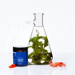 eimele Optimal Omega+ microalgae oil source depiction emphasizes sustainability.